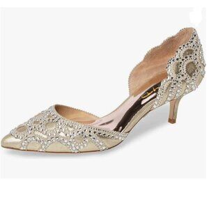 XYD Gold Elegant Pointed Toe D'Orsay Low Heel Rhinestone Studs Pumps